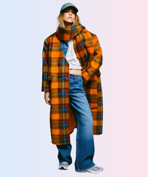 Premium Wool Blend Check Scarf Coat