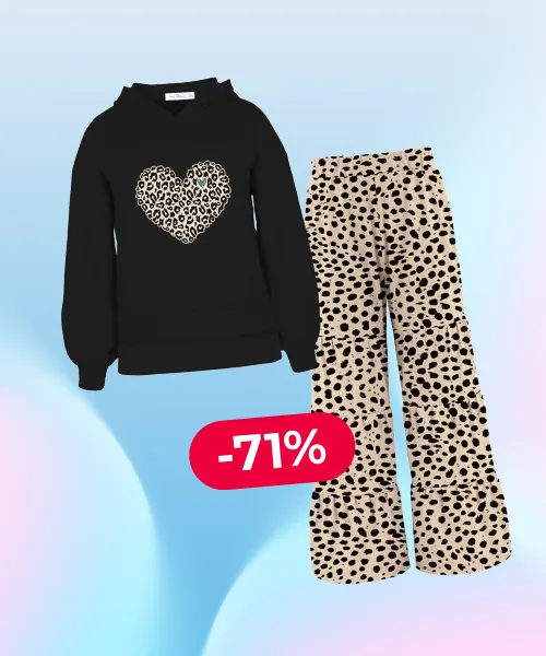 Black Leopard Heart Print Hooded Top & Leopard Print Tiered Pants
