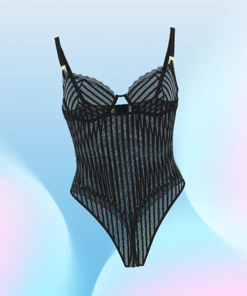 Tease Sheer Stripe Lace-Trim Cupped Bodysuit