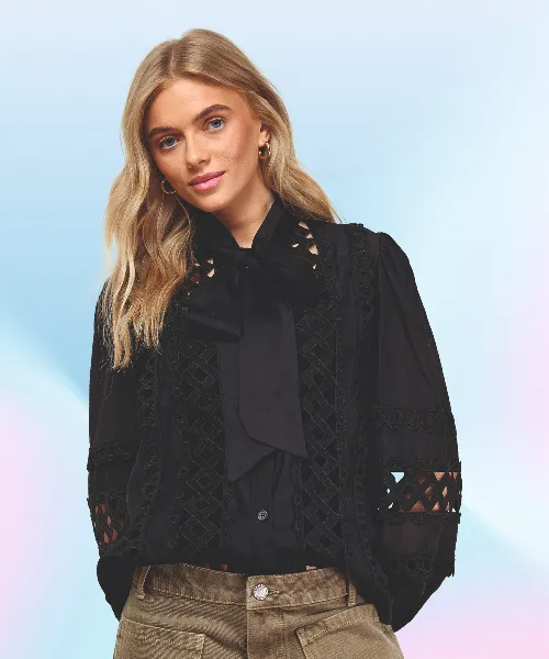 Cut Out Trim Detail Tie Neck Button Down Blouse